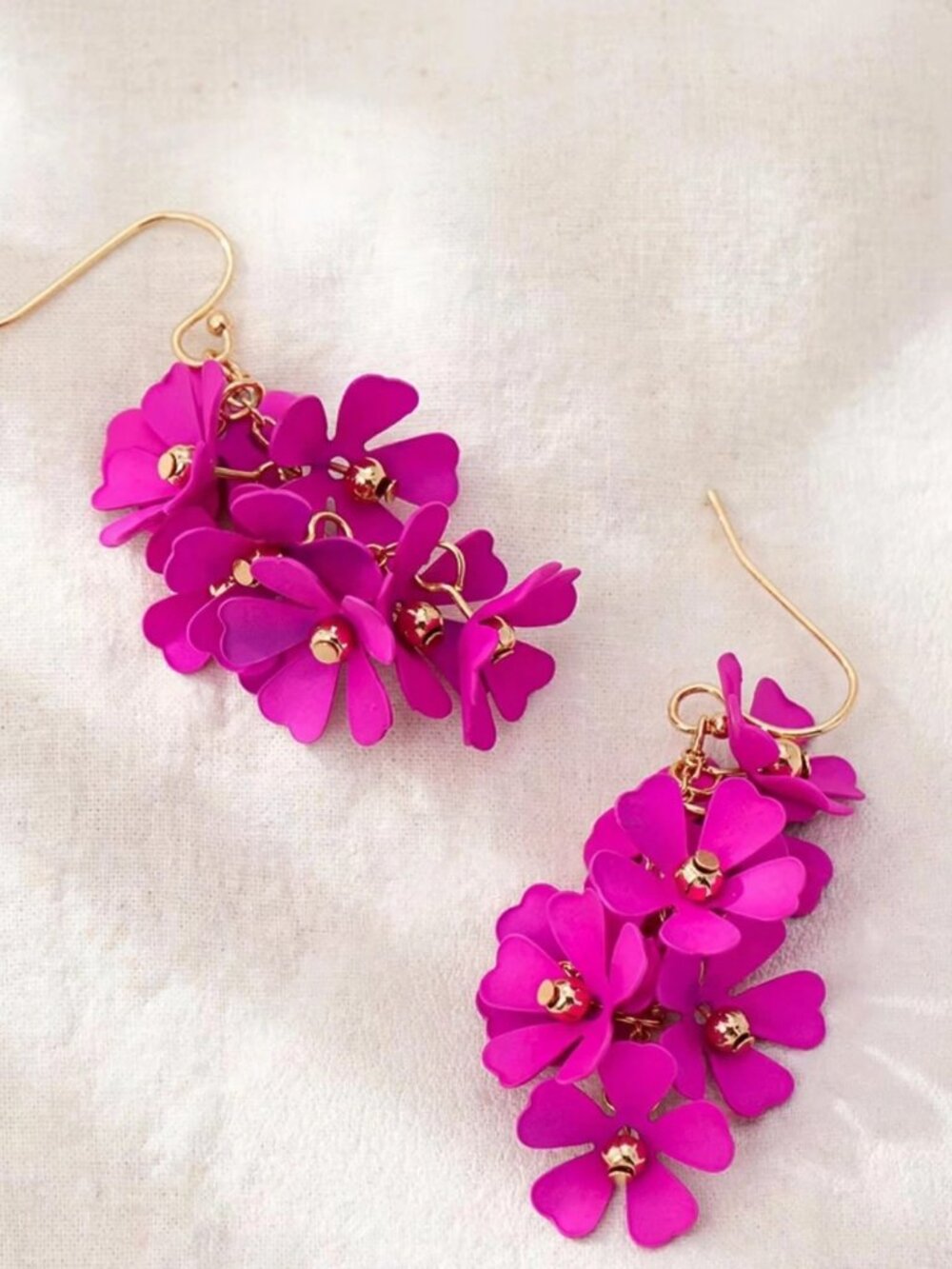 Hot Pink Flower Cluster Dangle Earrings — Floral Drops